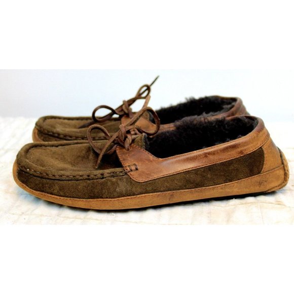 Ugg House Slippers Boat Style Sherpa Fur Lined Mens Rubber Soles sz 8 Brown - Picture 3 of 11